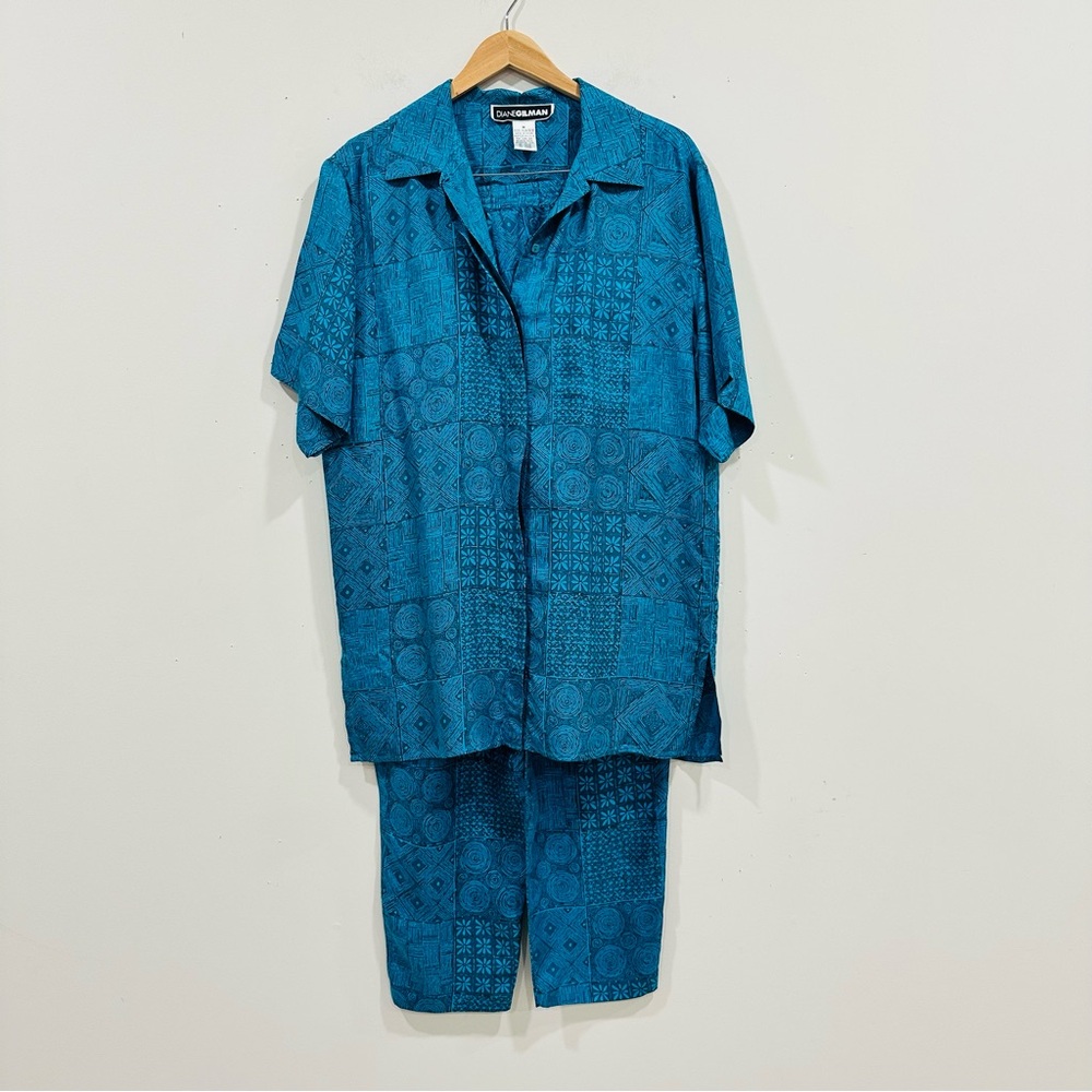 Vintage Diane Gilman 2-Piece Set Shirt &‎ Pants Blue Geometric Print Size M